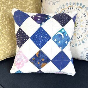 Handmade Moon and Stars upcycled Quilt 16x16 square Throw pillow cover